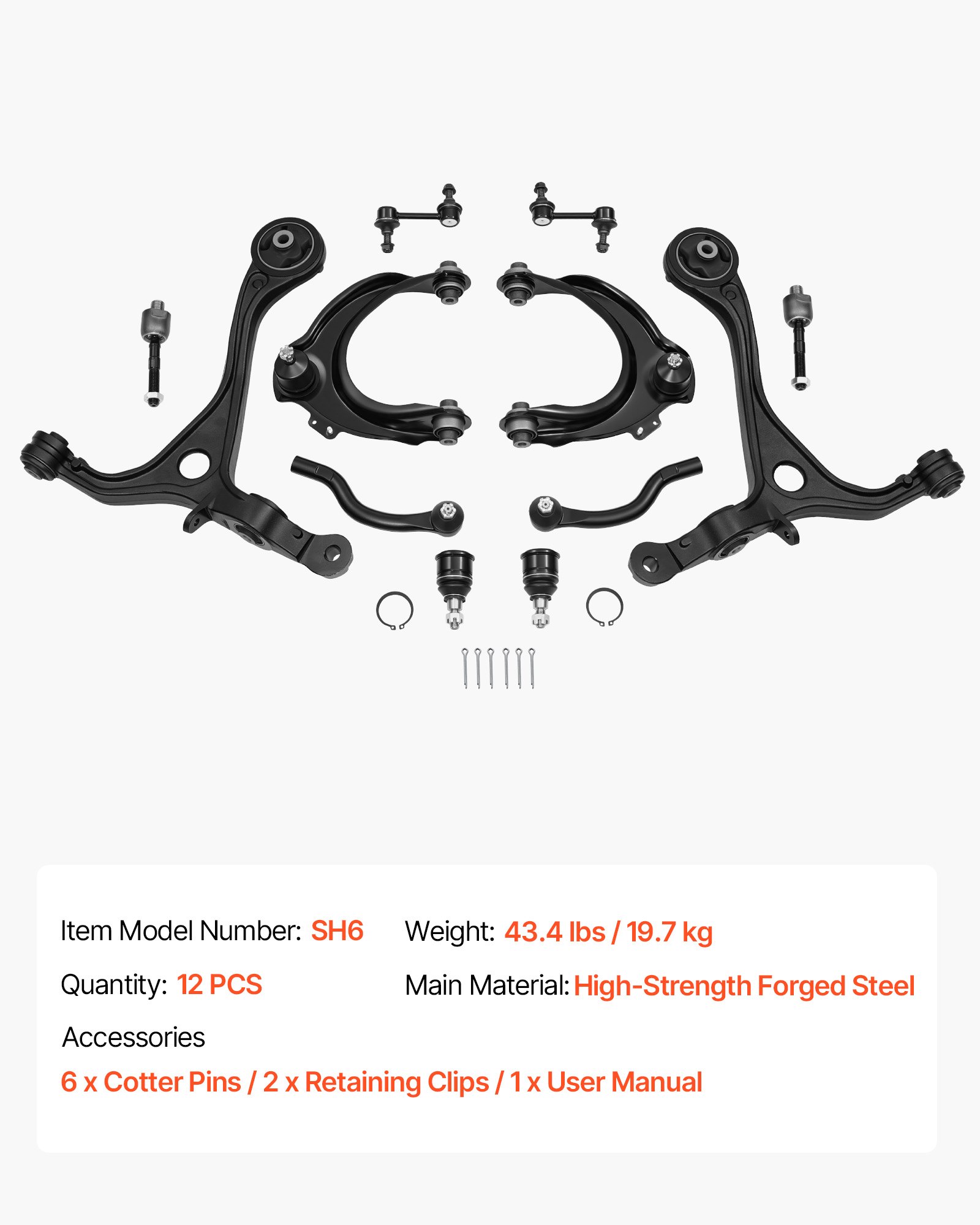 VEVOR Front Upper Lower Control Arms, OEM Suspension Kit Compatible with 2004-2008 ACURA TSX, 2003-2007 Honda Accord Sedan/Coupe (2.4L Gas Engine Only) - 12PCS