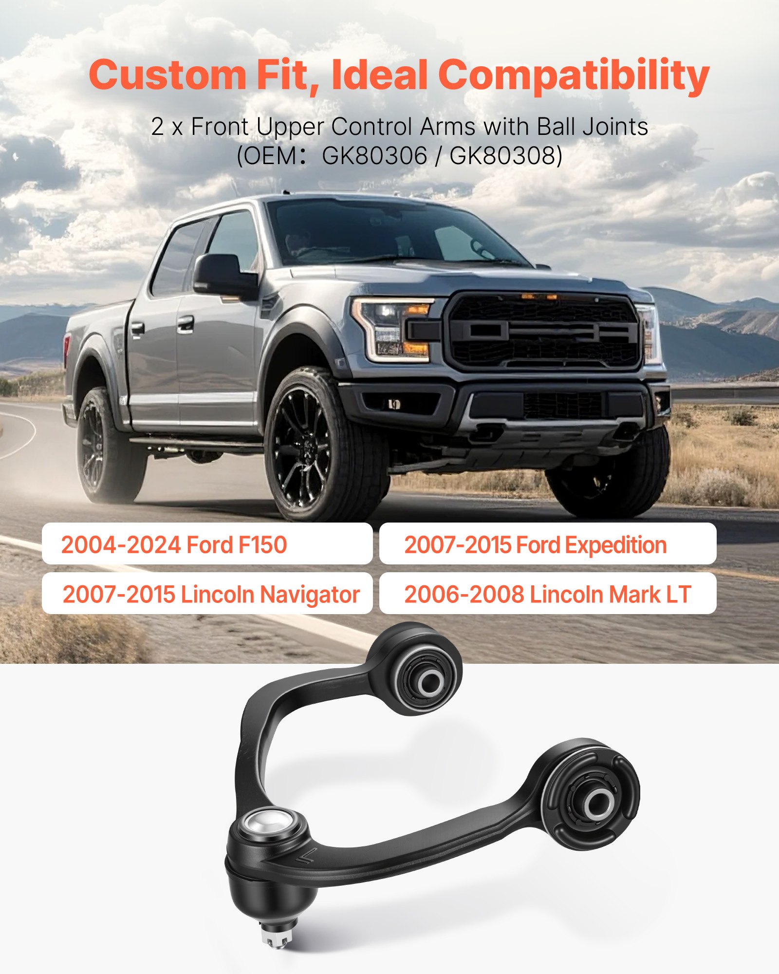 VEVOR Front Upper Control Arms with Ball Joints, OEM Suspension Kit Compatible with 2004-2024 Ford F150, 2007-2015 Ford Expedition, 2007-2015 Lincoln Navigator, 2006-2008 Lincoln Mark LT (2PCS)