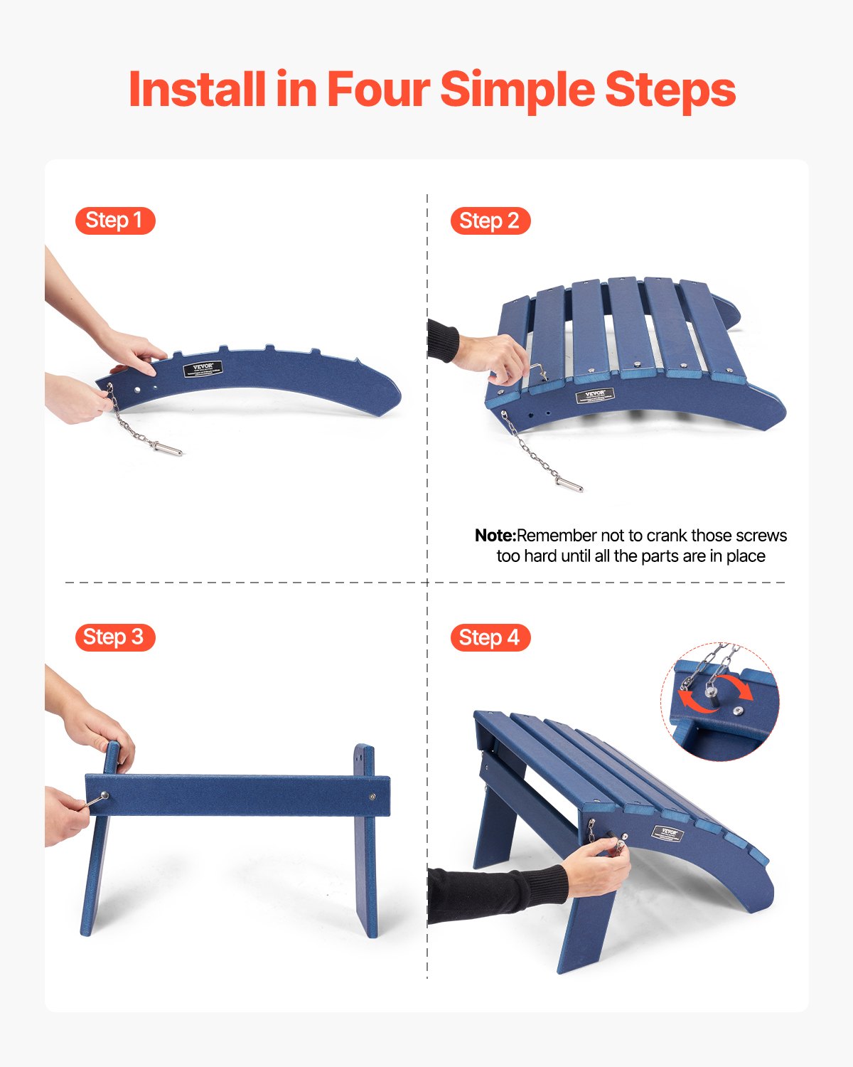 VEVOR Adirondack Ottoman Set of 2, 47.5L x 48W x 35H cm HDPE Plastic Folding Adirondack Ottoman, Weather-Resistant Foot Rest for Adirondack Chair, Used for Outside Porch Pool Lawn Backyard, Blue