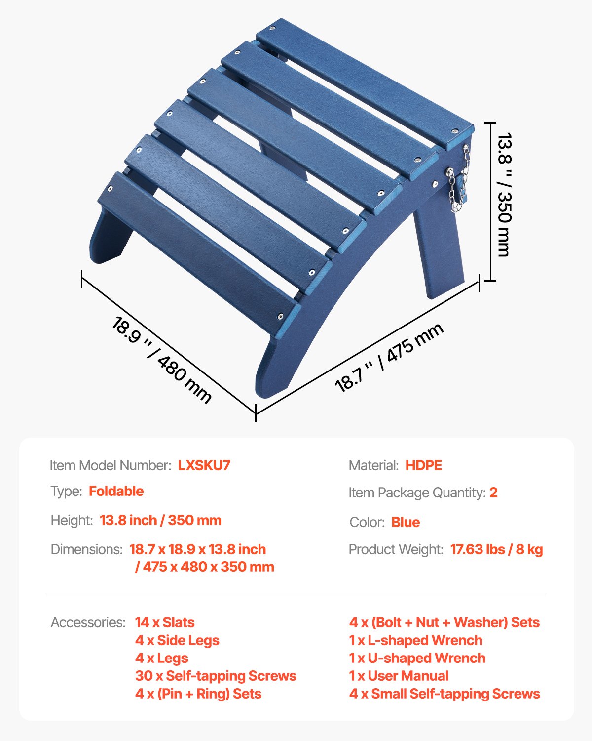 VEVOR Adirondack Ottoman Set of 2, 47.5L x 48W x 35H cm HDPE Plastic Folding Adirondack Ottoman, Weather-Resistant Foot Rest for Adirondack Chair, Used for Outside Porch Pool Lawn Backyard, Blue