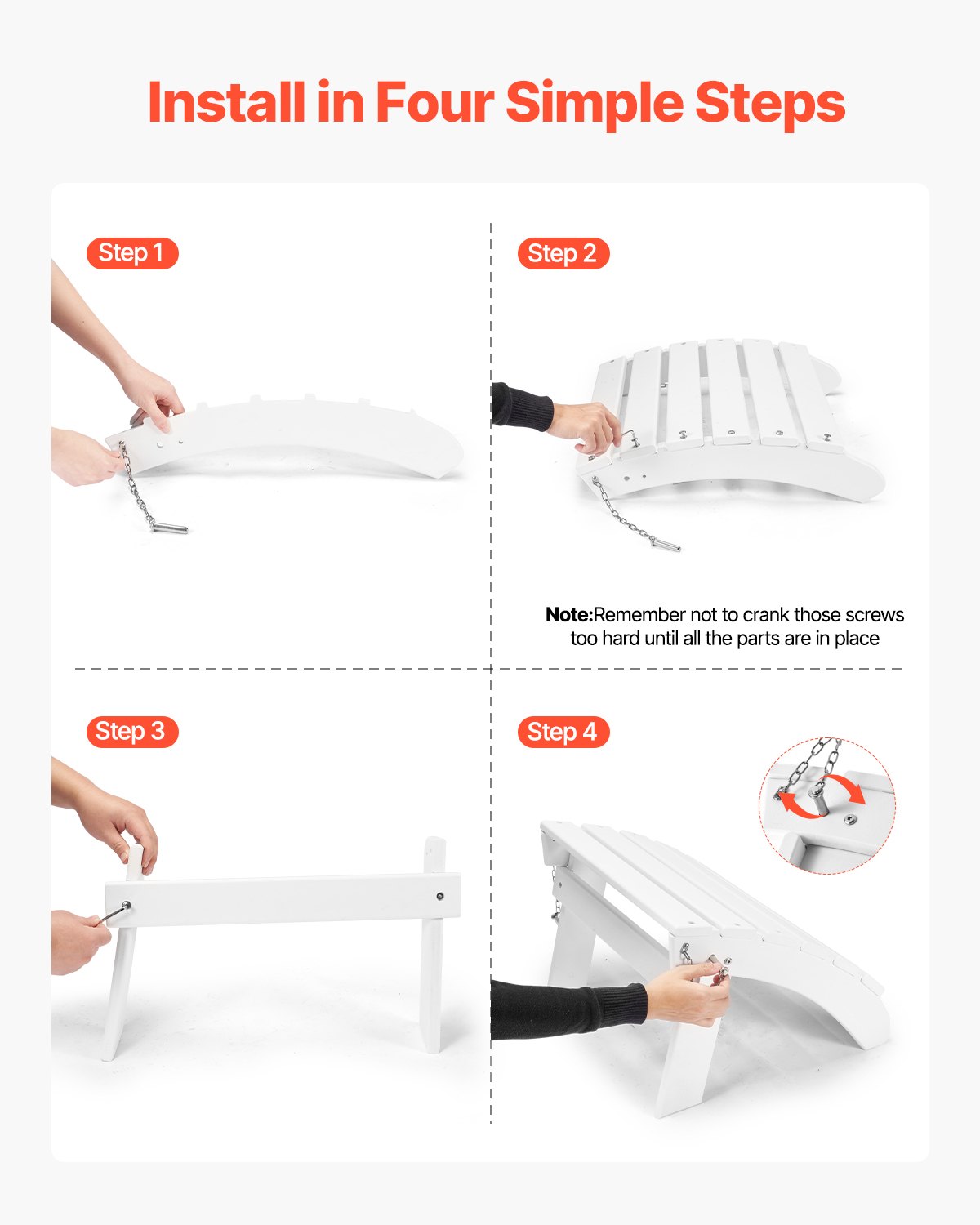 VEVOR Adirondack Ottoman, 45L x 50W x 35H cm HDPE Plastic Folding Adirondack Ottoman, Weather-Resistant Foot Rest for Adirondack Chair, Widely Used for Outside Porch Pool Lawn Backyard, White