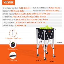 VEVOR Foldable Tennis Ball Hopper, Holds 150 Tennis Balls, Lightweight Aluminum Alloy Tennis Ball Basket Cart with Wheels, Removable Bag, Carry Bag, Portable Sports Teaching Cart for Tennis Player