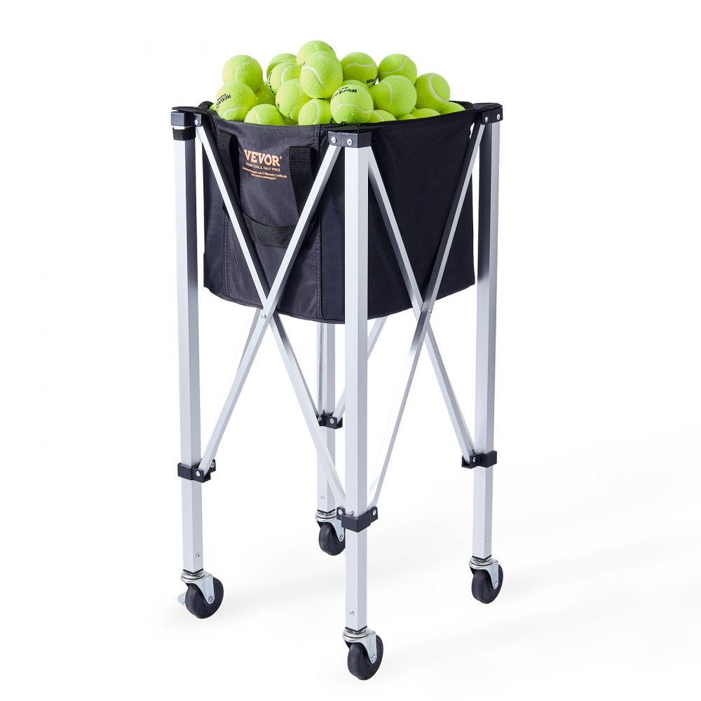 VEVOR Foldable Tennis Ball Hopper, Holds 180 Tennis Balls, Lightweight Aluminum Alloy Tennis Ball Basket Cart with Wheels, Removable Bag, Carry Bag, Portable Sports Teaching Cart for Tennis Player