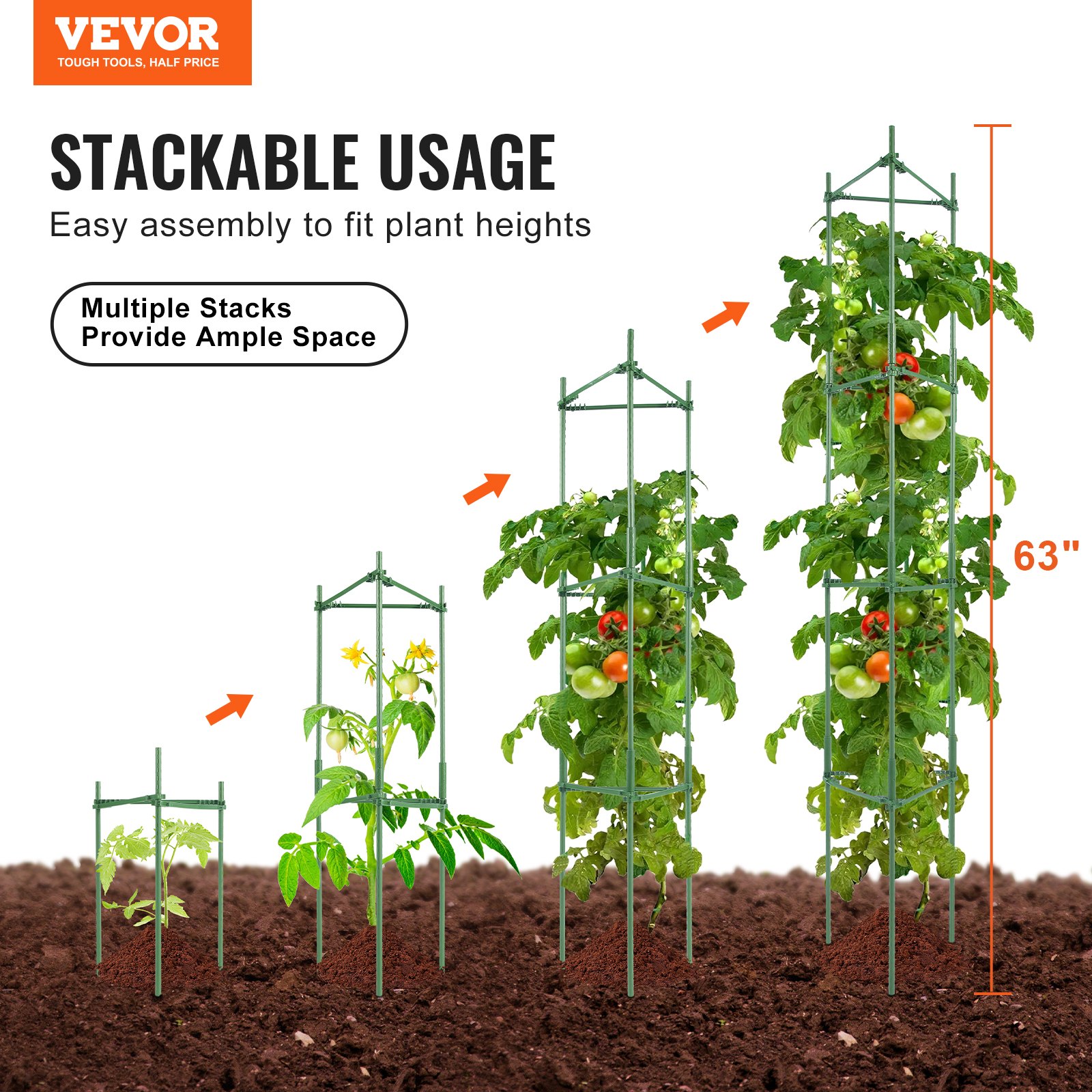 VEVOR 4 Packs Tomato Cages for Garden, 63 inch Tomato Trellis Plant Stakes Support, Stackable Tall Plant Support Cage, for Raised Garden Bed, Vegetables Flowers and Climbing Plants