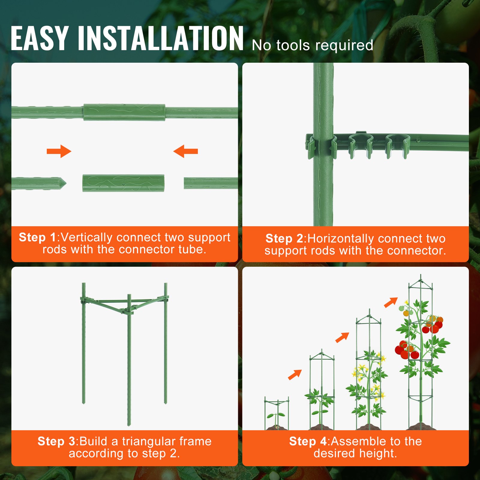 VEVOR 4 Packs Tomato Cages for Garden, 63 inch Tomato Trellis Plant Stakes Support, Stackable Tall Plant Support Cage, for Raised Garden Bed, Vegetables Flowers and Climbing Plants