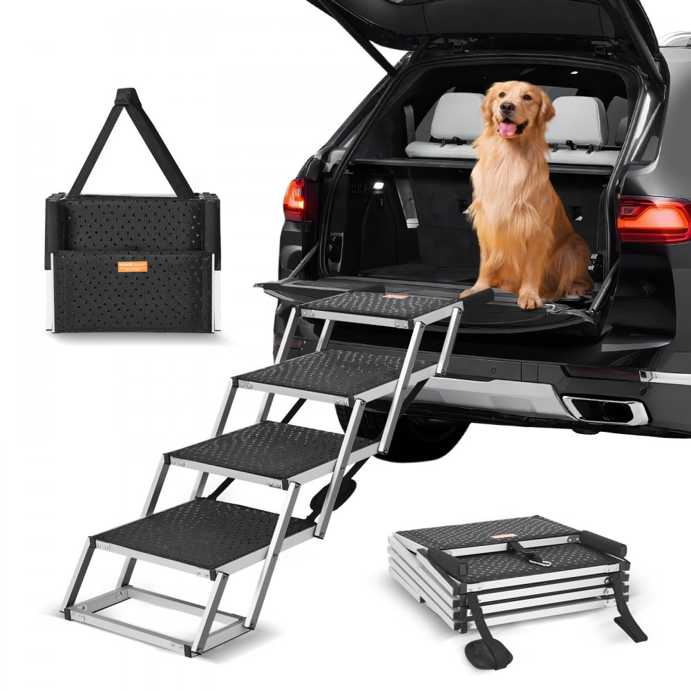 golden retriever using VEVOR dog steps to enter suv, with collapsible pet ramp displayed on the side.