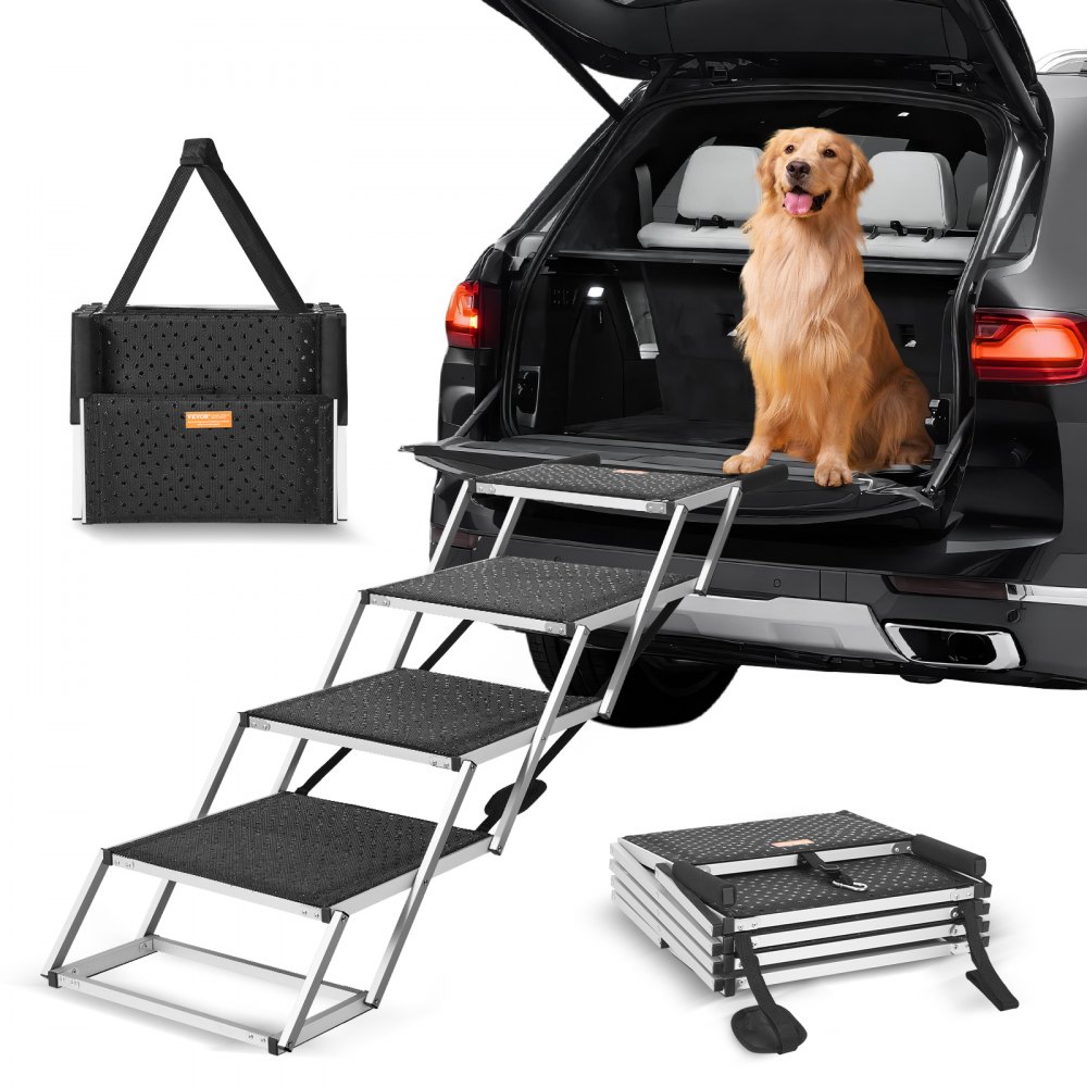 VEVOR Dog Stair for Cars 4-step Folding Dog Steps Aluminum Loads up to 250 lbs, Foldable 26.8-34.8 in Adjustable Height