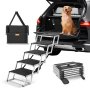 VEVOR dog stairs beside an suv, golden retriever sitting in suv, foldable design with carrying case.