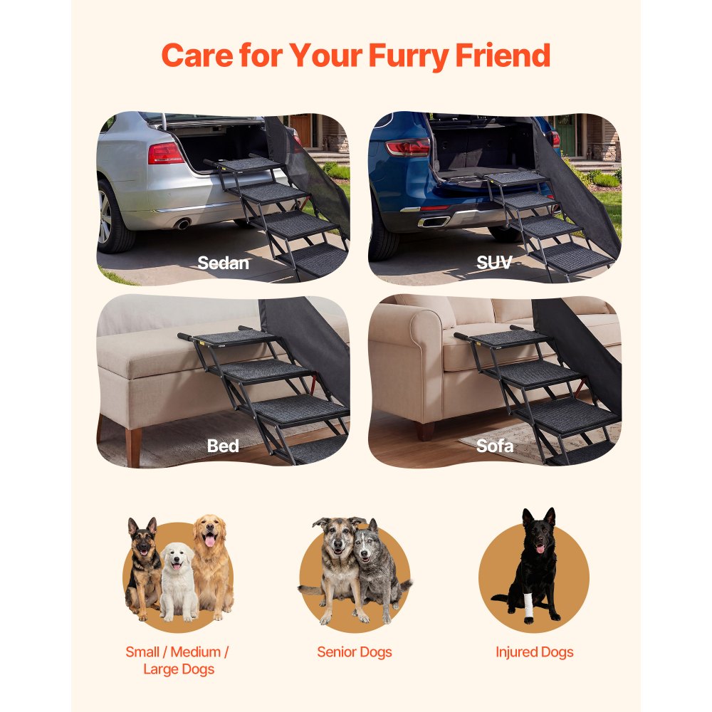 VEVOR Dog Stairs for Car, 4 Steps Extra Wide Foldable Dog Ramp for Large Dogs with Non-Slip Rug Surface, Portable Lightweight Pet Ladder for Car, SUV, Truck, High Beds, Sofas, Support up to 181 kg