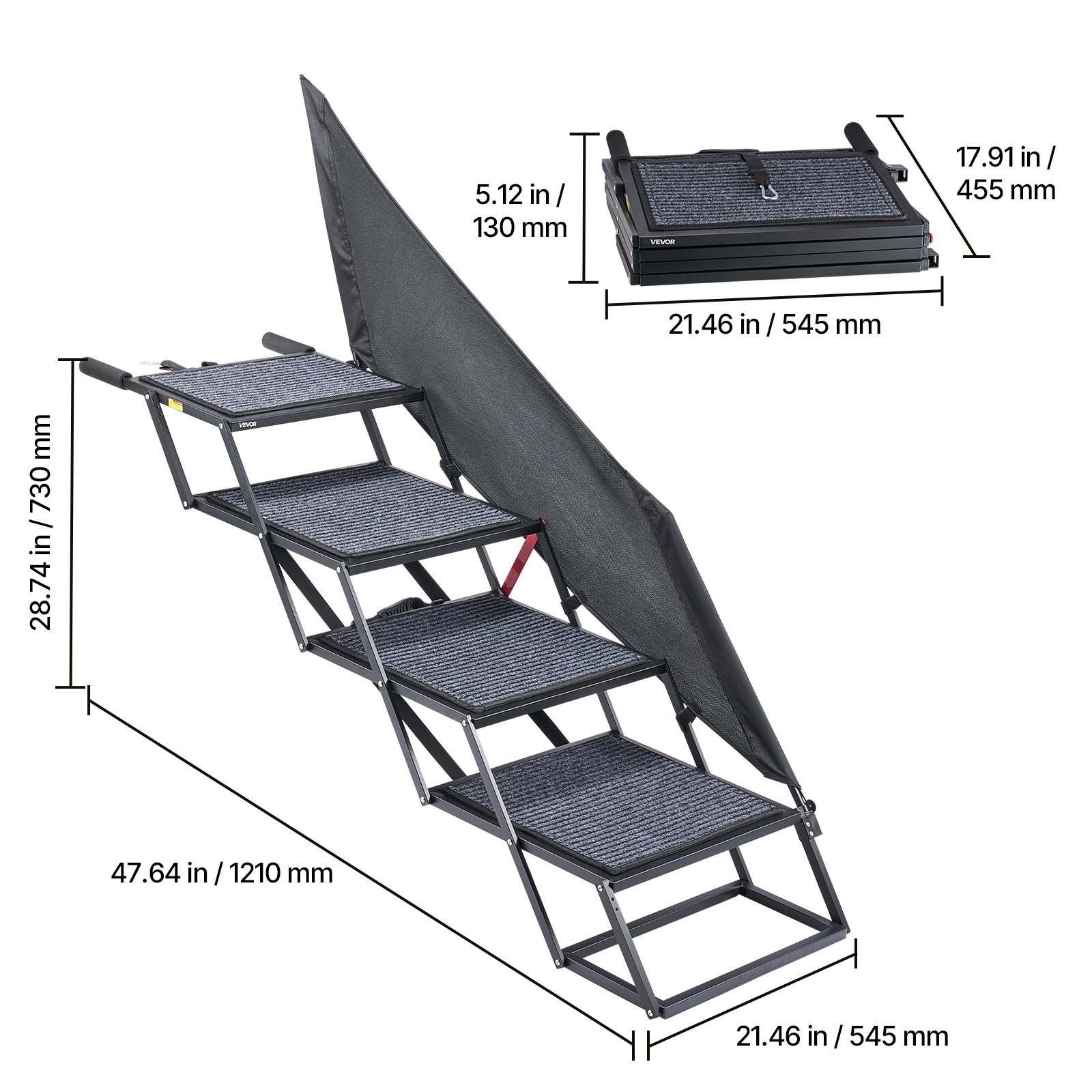 VEVOR Dog Stairs for Car, 4 Steps Extra Wide Foldable Dog Ramp for Large Dogs with Non-Slip Rug Surface, Portable Lightweight Pet Ladder for Car, SUV, Truck, High Beds, Sofas, Support up to 181 kg