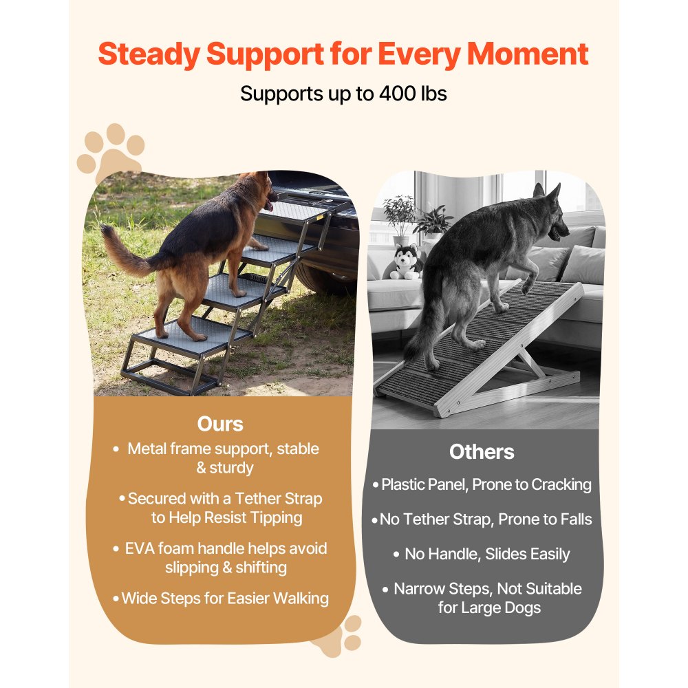 VEVOR Dog Stairs for Car, 4 Steps Extra Wide Foldable Dog Ramp for Large Dogs with Non-Slip Surface, Portable Lightweight Pet Stairs Ladder for Car, SUV, Truck, High Bed, Sofa, Support up to 400 lbs