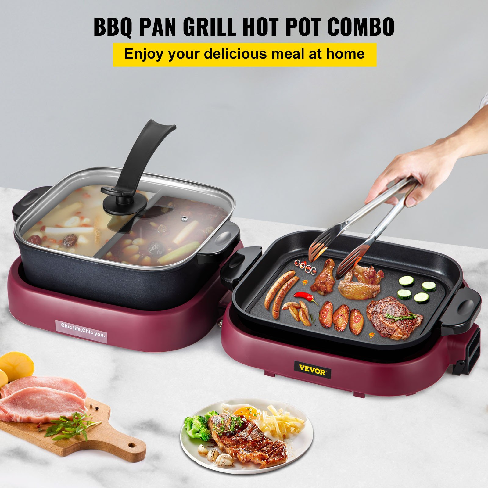 VEVOR 2 in 1 Electric Grill and Hot Pot, Foldable BBQ Pan Grill and Hot Pot, 2100W Multifunctional Teppanyaki Grill Pot with Dual Temp Control, Smokeless Hot Pot Grill with Nonstick Coating