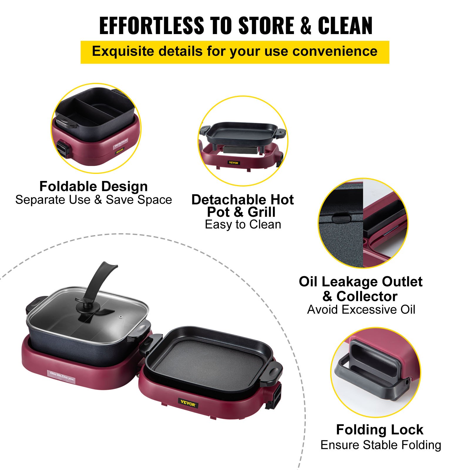 VEVOR 2 in 1 Electric Grill and Hot Pot, Foldable BBQ Pan Grill and Hot Pot, 2100W Multifunctional Teppanyaki Grill Pot with Dual Temp Control, Smokeless Hot Pot Grill with Nonstick Coating