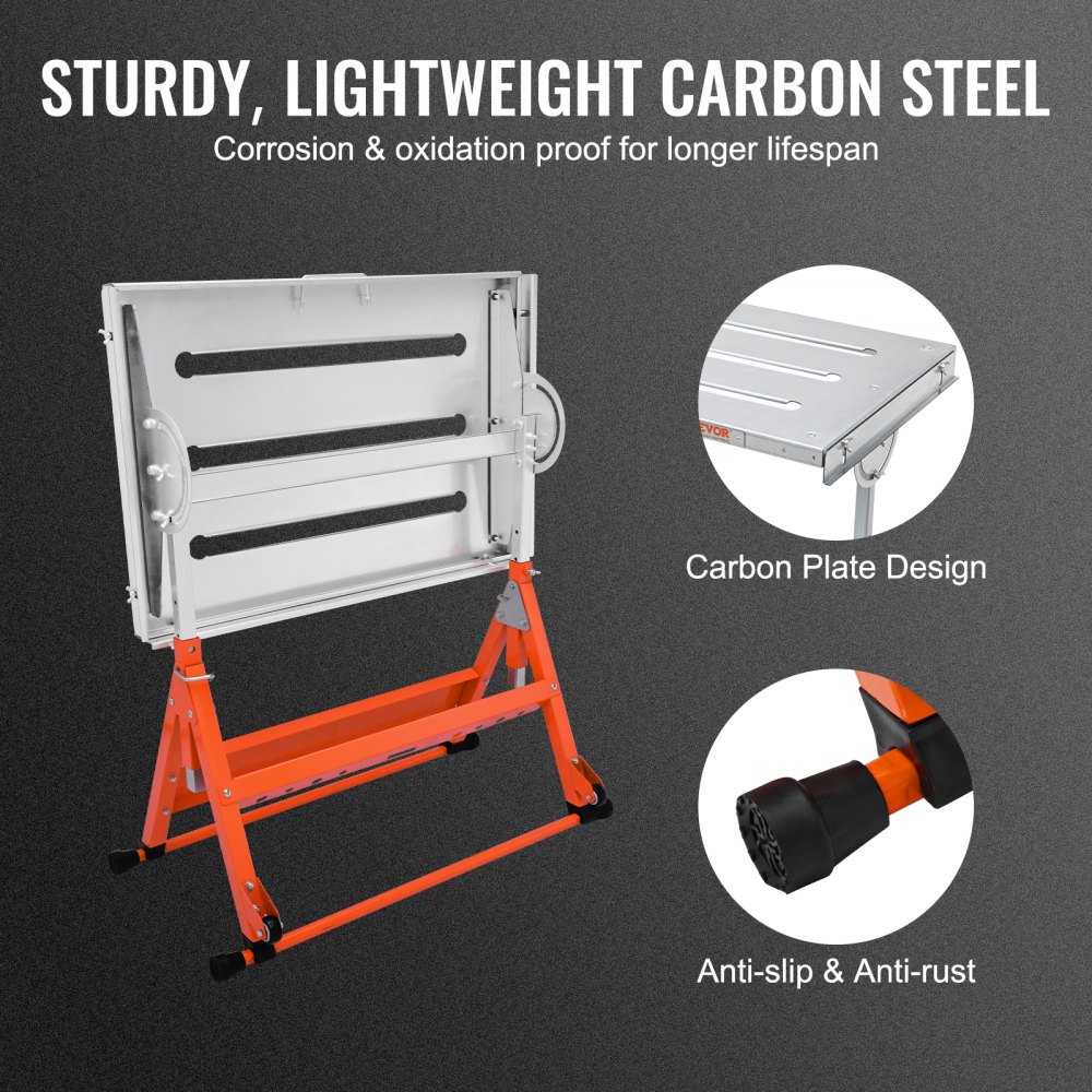 VEVOR welding table with sturdy, lightweight carbon steel, anti-slip feet, and a corrosion-proof design.