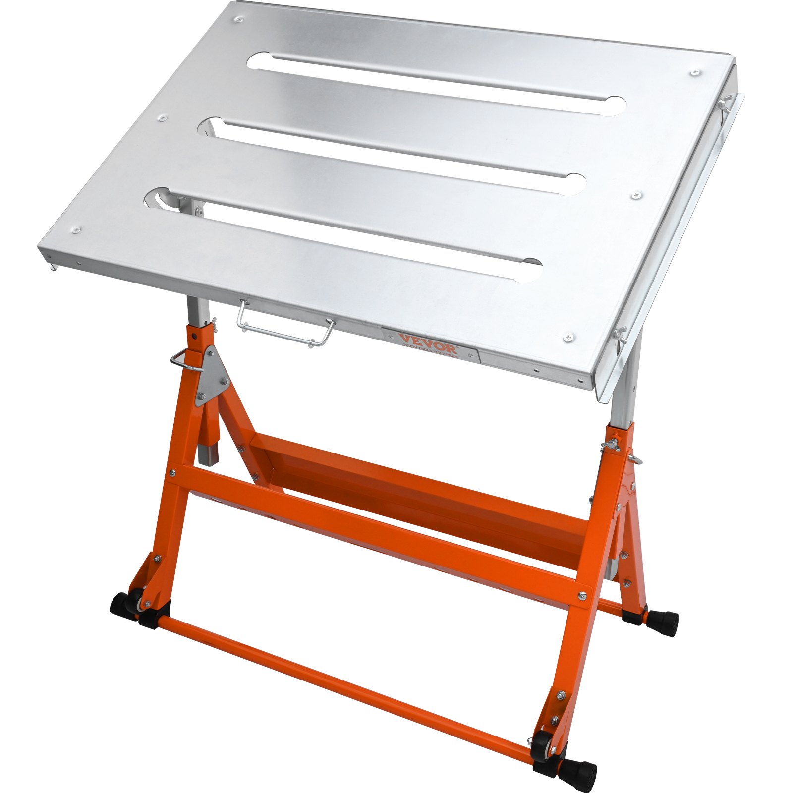 adjustable VEVOR welding table with orange frame and slotted stainless steel top.