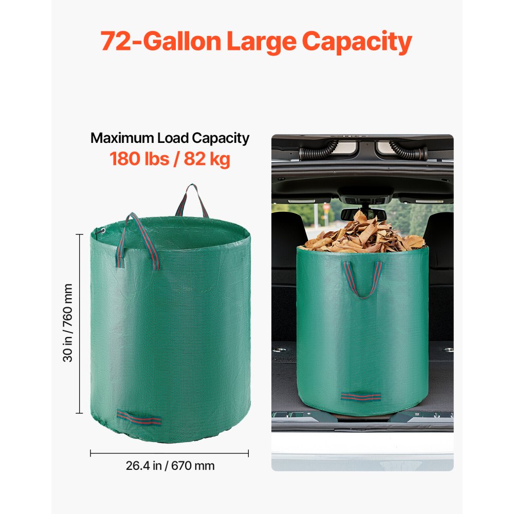VEVOR 3-Pack 72 Gallon Reusable Yard Waste Bag, Large Lawn Garden Bags, Heavy Duty Collapsible Garden Leaf Trash Container, Stand-Up Grass Clipping Bin, with Reinforcement Ring and Handles, 26.4x30 in