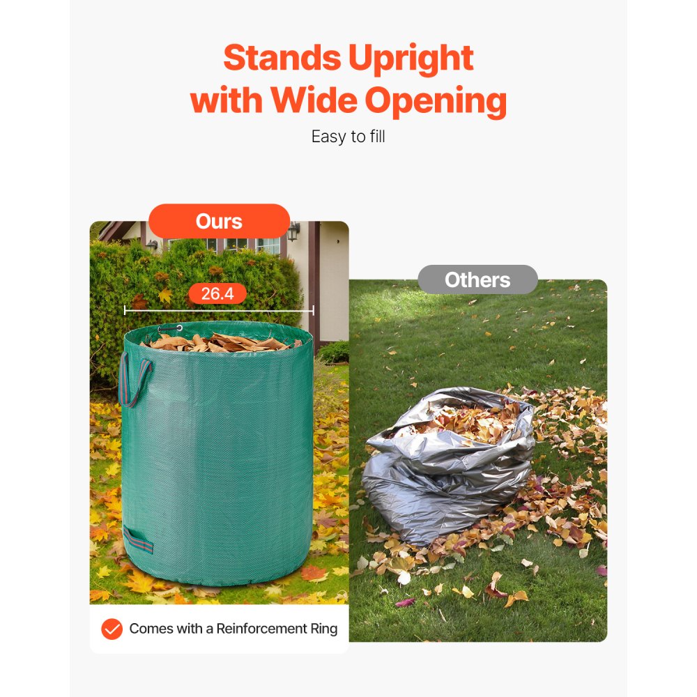 VEVOR 3-Pack 72 Gallon Reusable Yard Waste Bag, Large Lawn Garden Bags, Heavy Duty Collapsible Garden Leaf Trash Container, Stand-Up Grass Clipping Bin, with Reinforcement Ring and Handles, 26.4x30 in