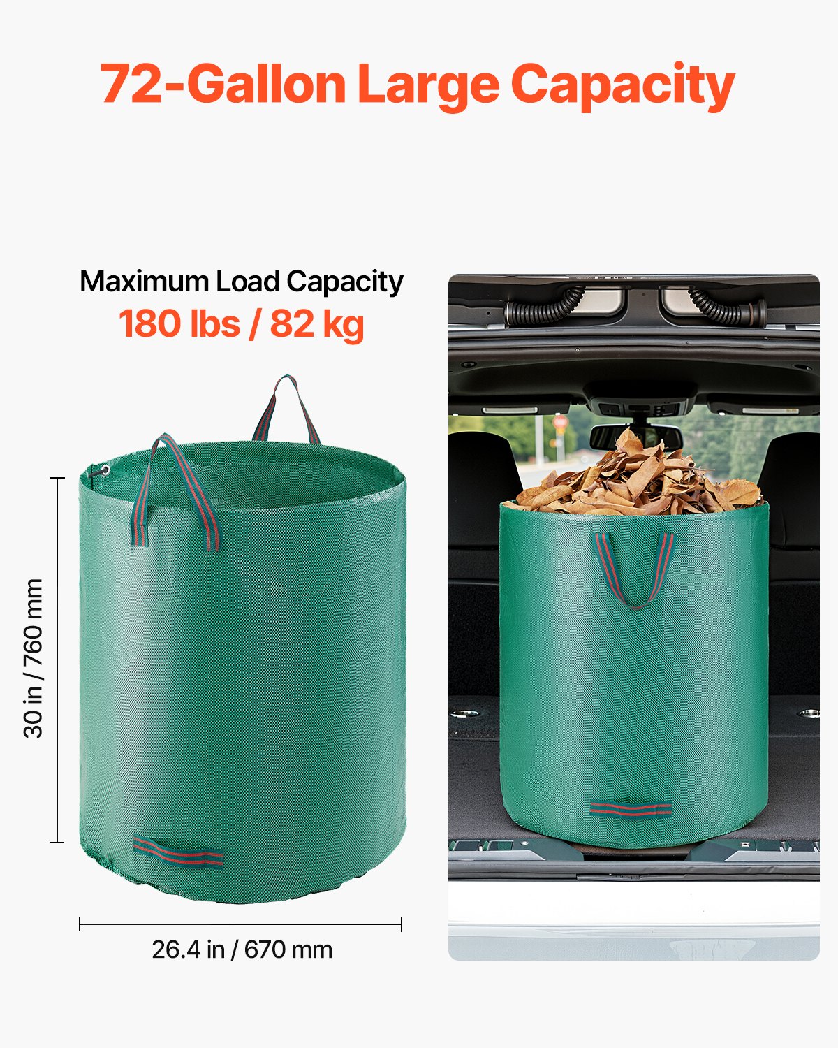 VEVOR 3-Pack 72 Gallon Reusable Yard Waste Bag, Large Lawn Garden Bags, Heavy Duty Collapsible Garden Leaf Trash Container, Stand-Up Grass Clipping Bin, with Reinforcement Ring and Handles, 26.4x30 in