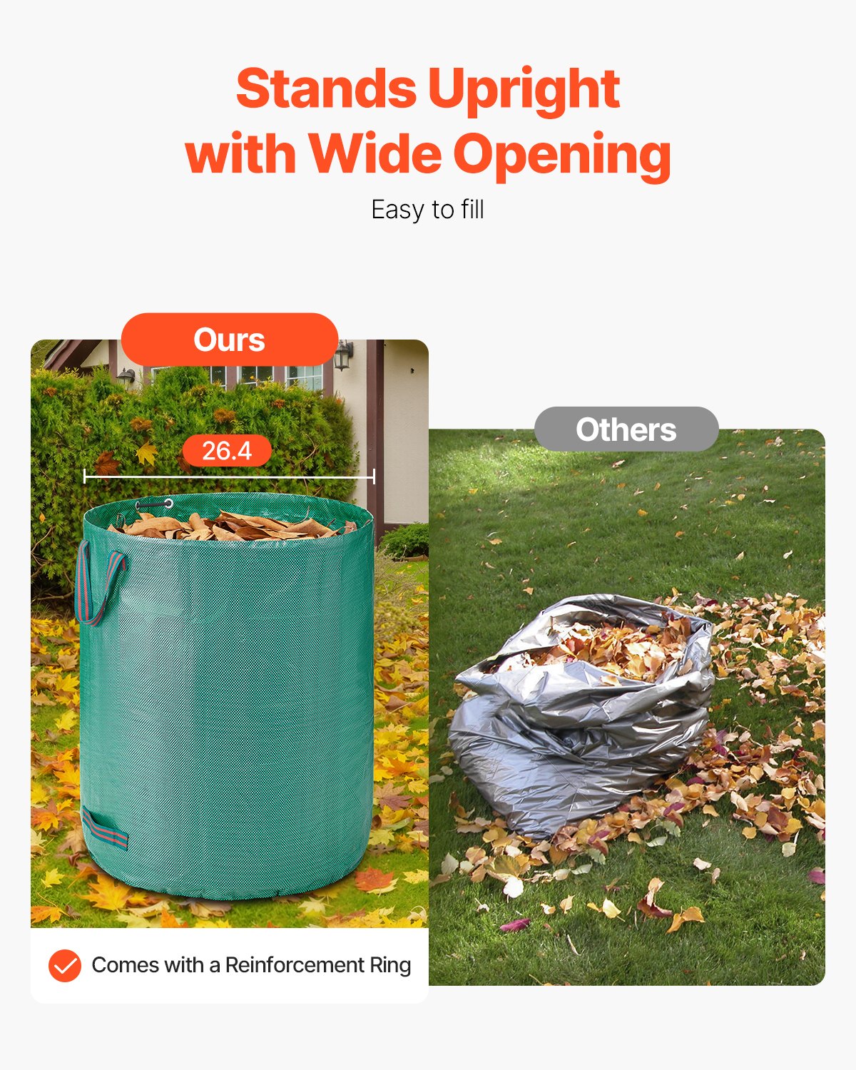 VEVOR 3-Pack 72 Gallon Reusable Yard Waste Bag, Large Lawn Garden Bags, Heavy Duty Collapsible Garden Leaf Trash Container, Stand-Up Grass Clipping Bin, with Reinforcement Ring and Handles, 26.4x30 in