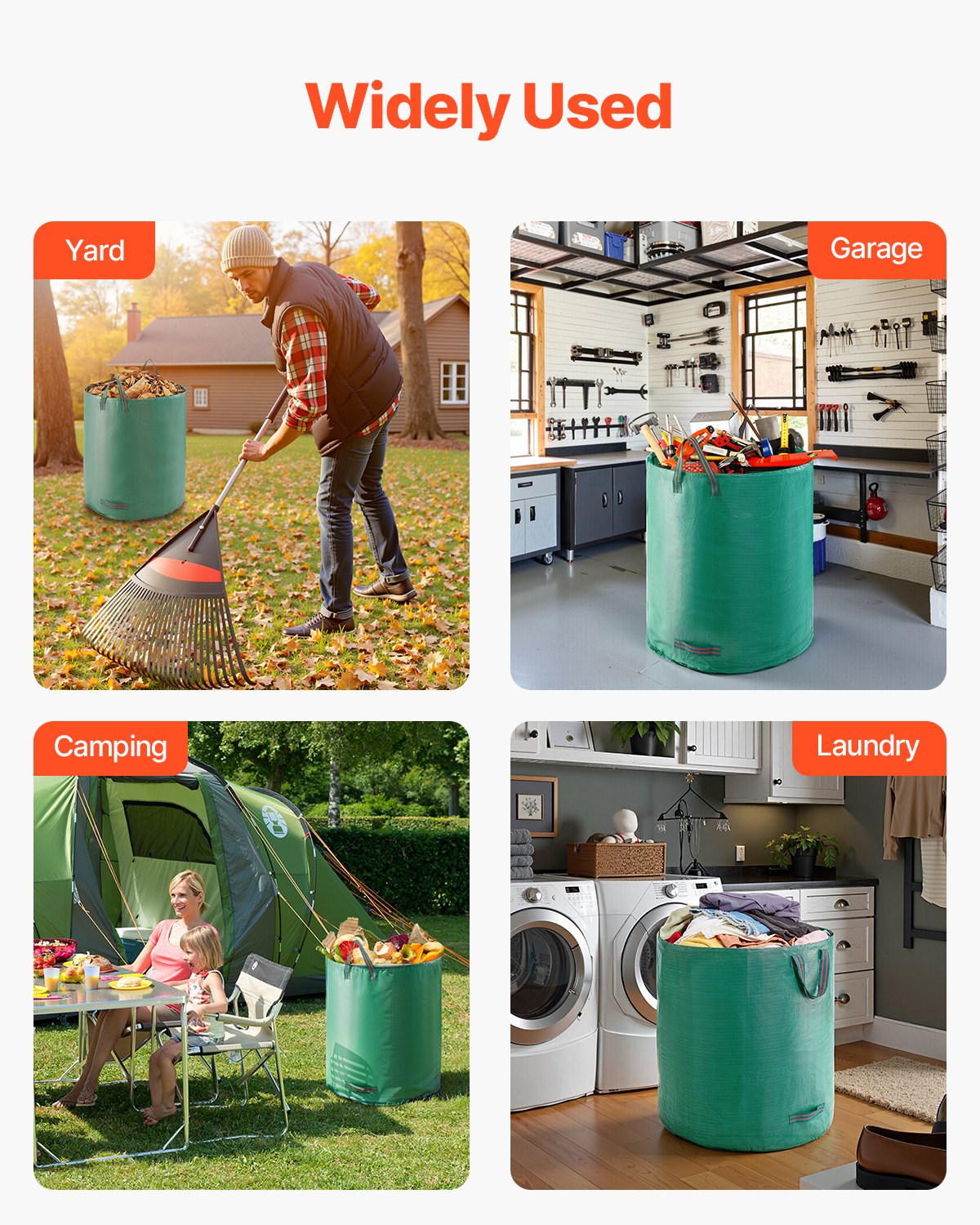 VEVOR 3-Pack 72 Gallon Reusable Yard Waste Bag, Large Lawn Garden Bags, Heavy Duty Collapsible Garden Leaf Trash Container, Stand-Up Grass Clipping Bin, with Reinforcement Ring and Handles, 26.4x30 in