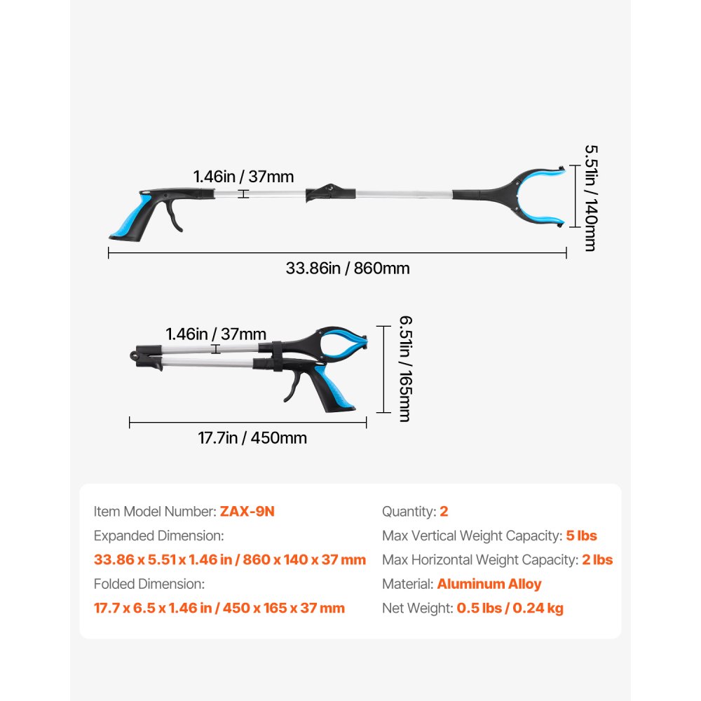 VEVOR Grabber Reacher Tool, 2-Pack 34" Foldable Reacher Grabber Pickup Tool with 360° Rotating Wide Jaw and Dual-Sided Magnet, Lightweight Grabber Reacher Tool for Seniors, Trash Picker Upper Grabber