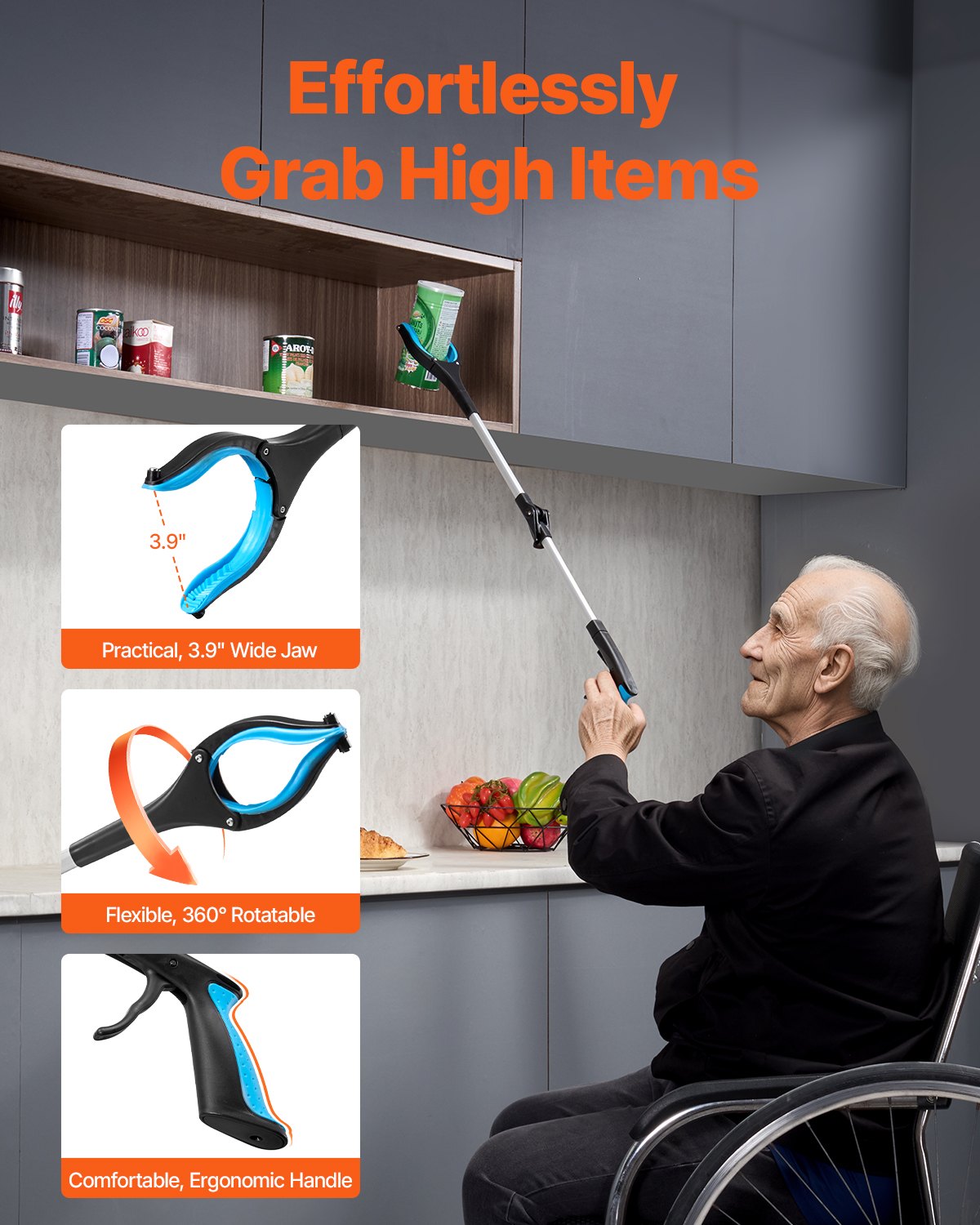 VEVOR Grabber Reacher Tool, 2-Pack 34" Foldable Reacher Grabber Pickup Tool with 360° Rotating Wide Jaw and Dual-Sided Magnet, Lightweight Grabber Reacher Tool for Seniors, Trash Picker Upper Grabber