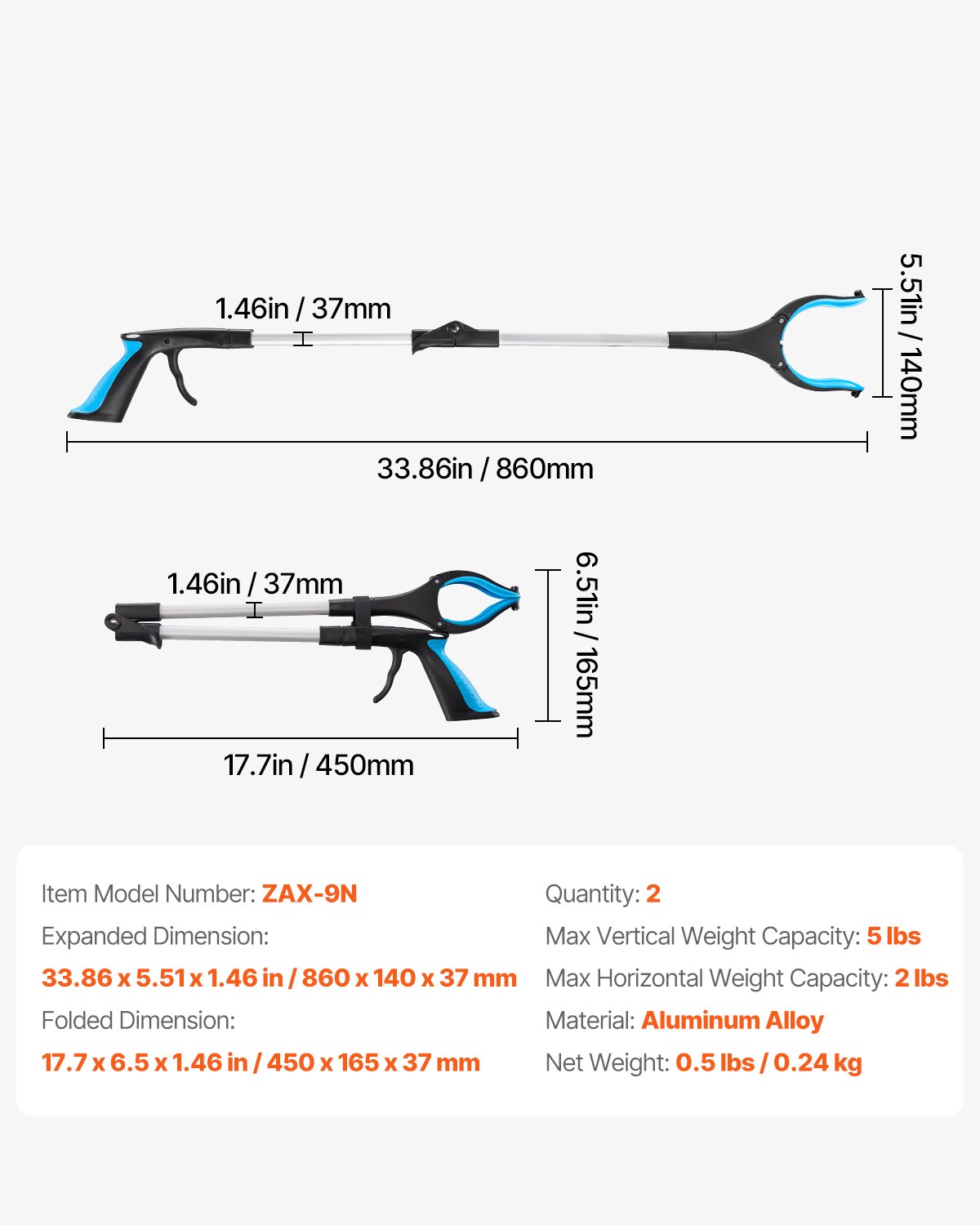 VEVOR Grabber Reacher Tool, 2-Pack 34" Foldable Reacher Grabber Pickup Tool with 360° Rotating Wide Jaw and Dual-Sided Magnet, Lightweight Grabber Reacher Tool for Seniors, Trash Picker Upper Grabber