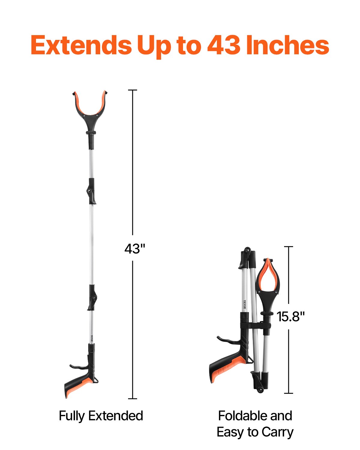 VEVOR Grabber Reacher Tool, 43" Foldable Reacher Grabber Pickup Tool with 360° Rotating Jaw, Magnet and LED Light, Lightweight Grabber Reacher Tool for Seniors, Extra Long Trash Picker Upper Grabber