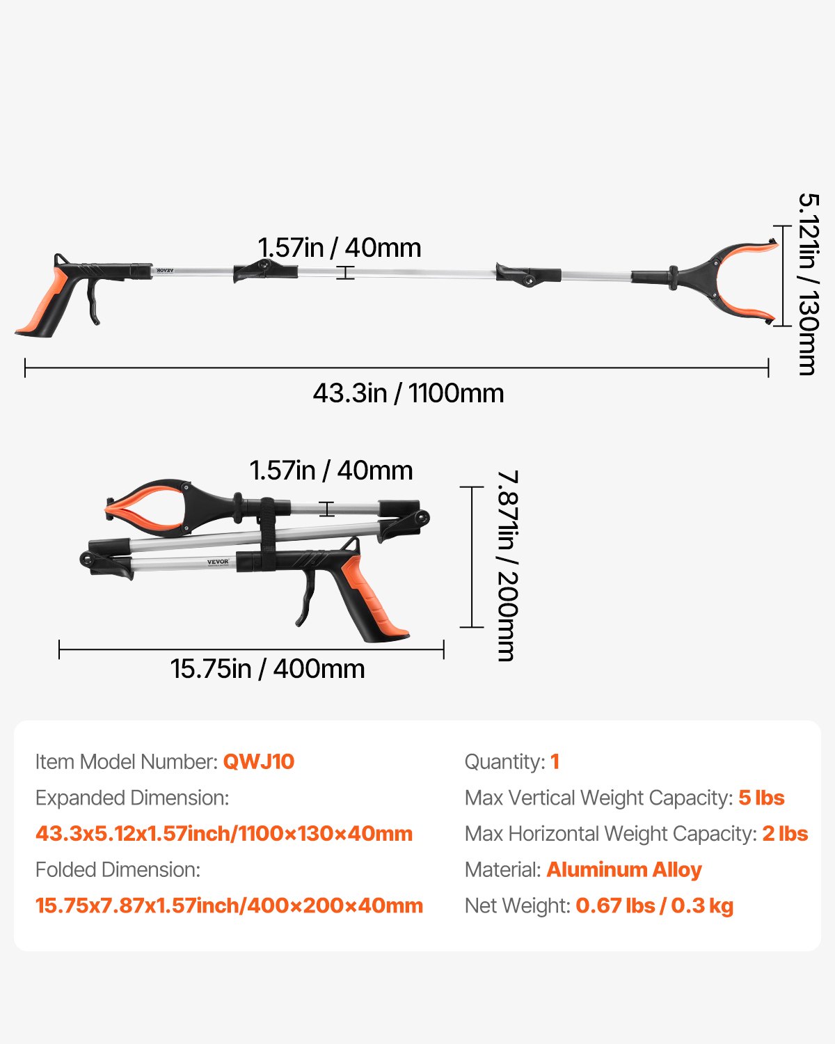 VEVOR Grabber Reacher Tool, 43" Foldable Reacher Grabber Pickup Tool with 360° Rotating Jaw, Magnet and LED Light, Lightweight Grabber Reacher Tool for Seniors, Extra Long Trash Picker Upper Grabber