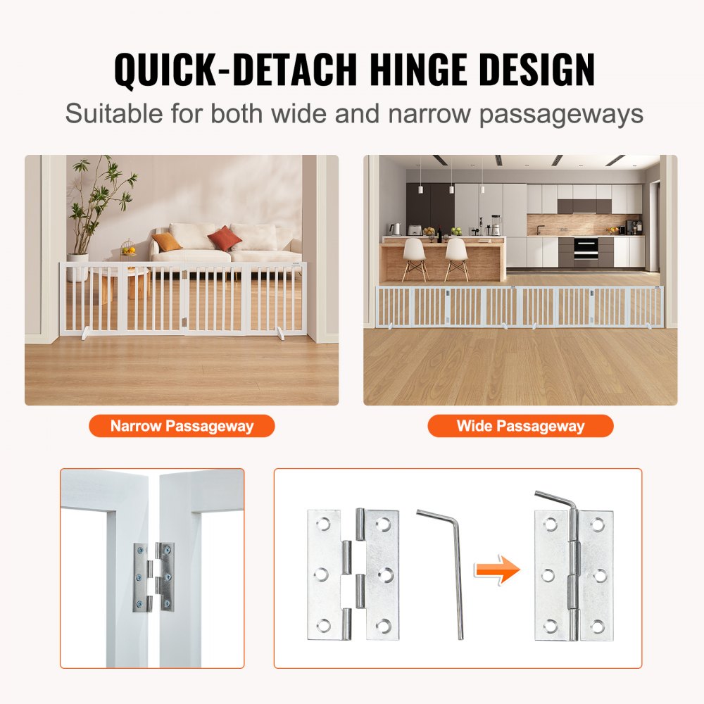 VEVOR Freestanding Pet Barrier, 24" Height x 80.3" Width, 4-Panel Folding Dog Gate for Various Openings, Expandable and Quiet Foot-Supported Indoor Dog Fence, White