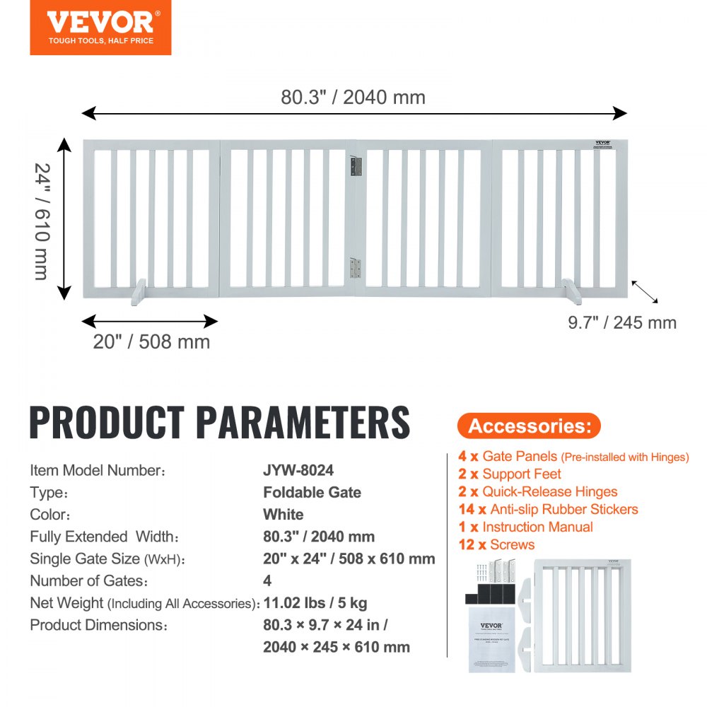 VEVOR Freestanding Pet Barrier, 24" Height x 80.3" Width, 4-Panel Folding Dog Gate for Various Openings, Expandable and Quiet Foot-Supported Indoor Dog Fence, White