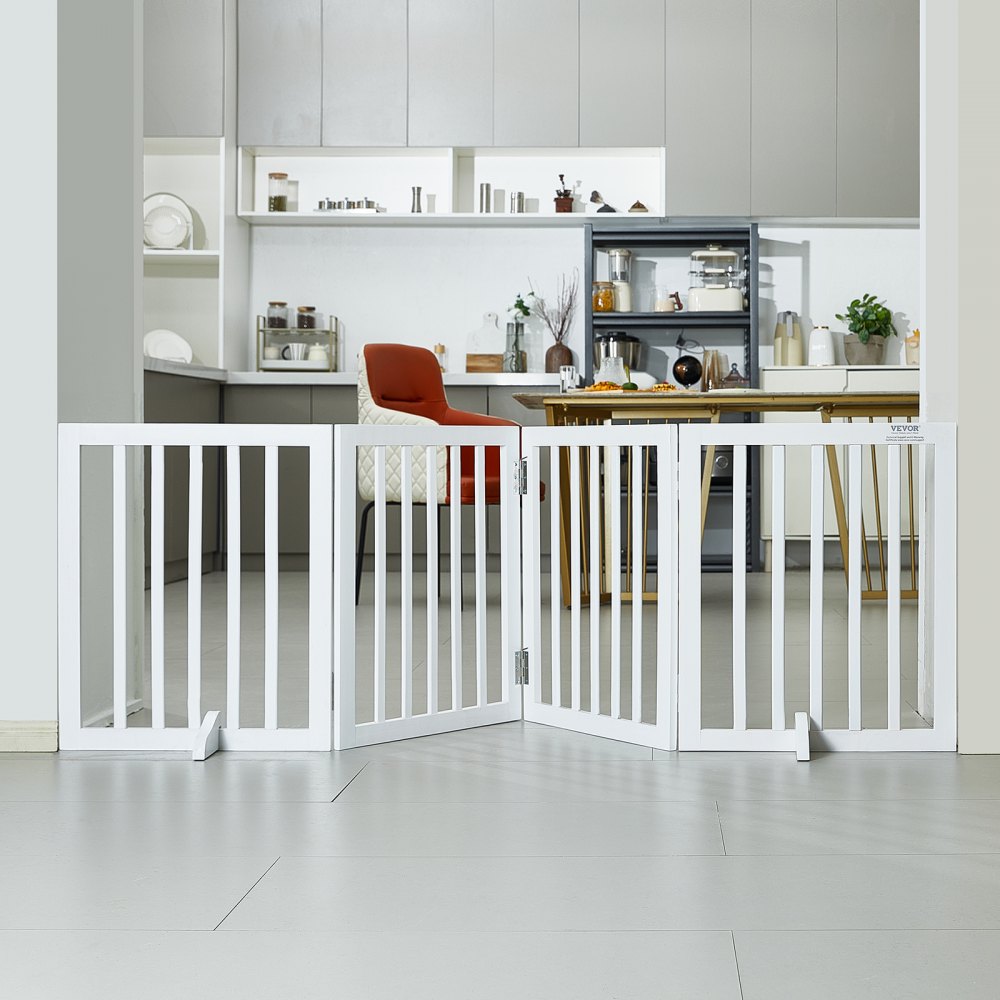 VEVOR Freestanding Pet Barrier, 24" Height x 80.3" Width, 4-Panel Folding Dog Gate for Various Openings, Expandable and Quiet Foot-Supported Indoor Dog Fence, White