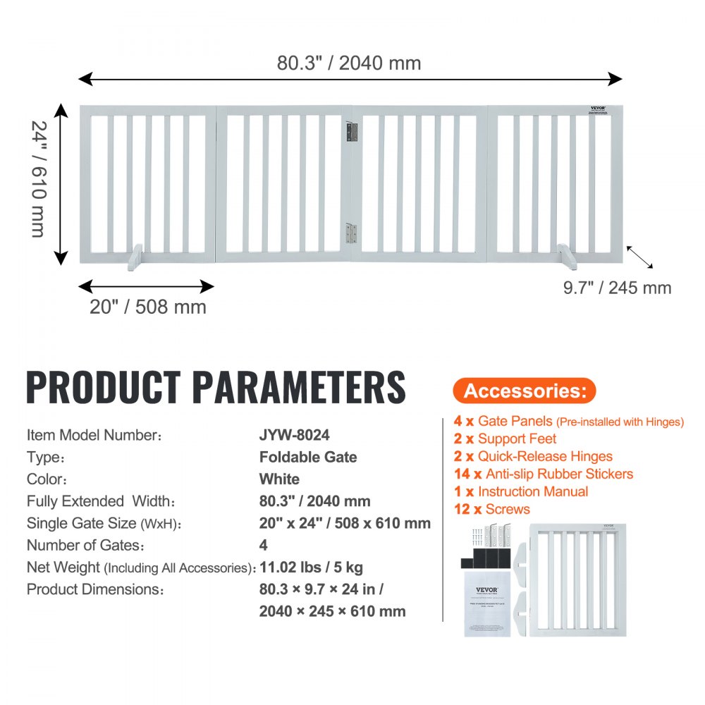 VEVOR Freestanding Pet Barrier, 24" Height x 80.3" Width, 4-Panel Folding Dog Gate for Various Openings, Expandable and Quiet Foot-Supported Indoor Dog Fence, White