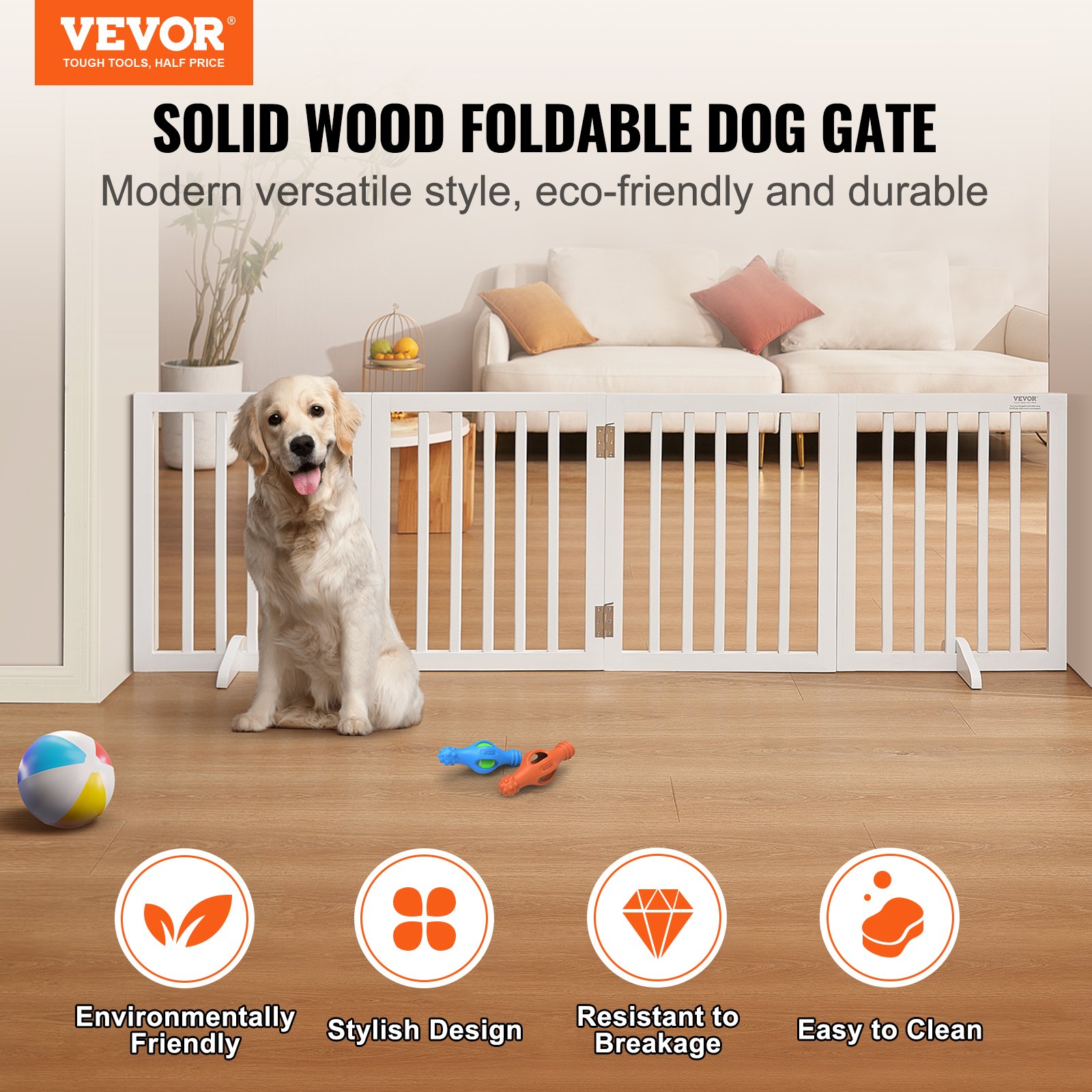 VEVOR Freestanding Pet Barrier, 24" Height x 80.3" Width, 4-Panel Folding Dog Gate for Various Openings, Expandable and Quiet Foot-Supported Indoor Dog Fence, White