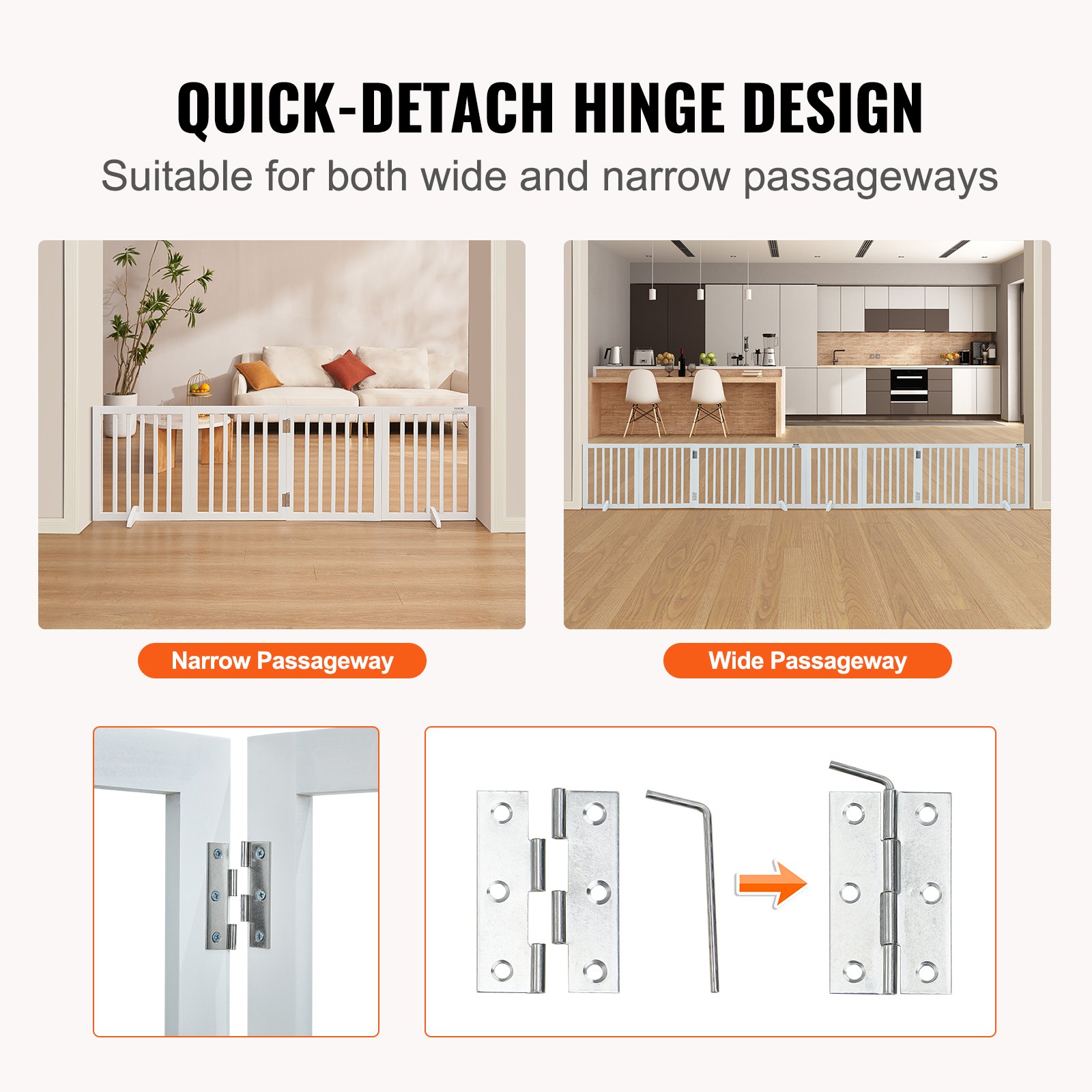 VEVOR Freestanding Pet Barrier, 24" Height x 80.3" Width, 4-Panel Folding Dog Gate for Various Openings, Expandable and Quiet Foot-Supported Indoor Dog Fence, White