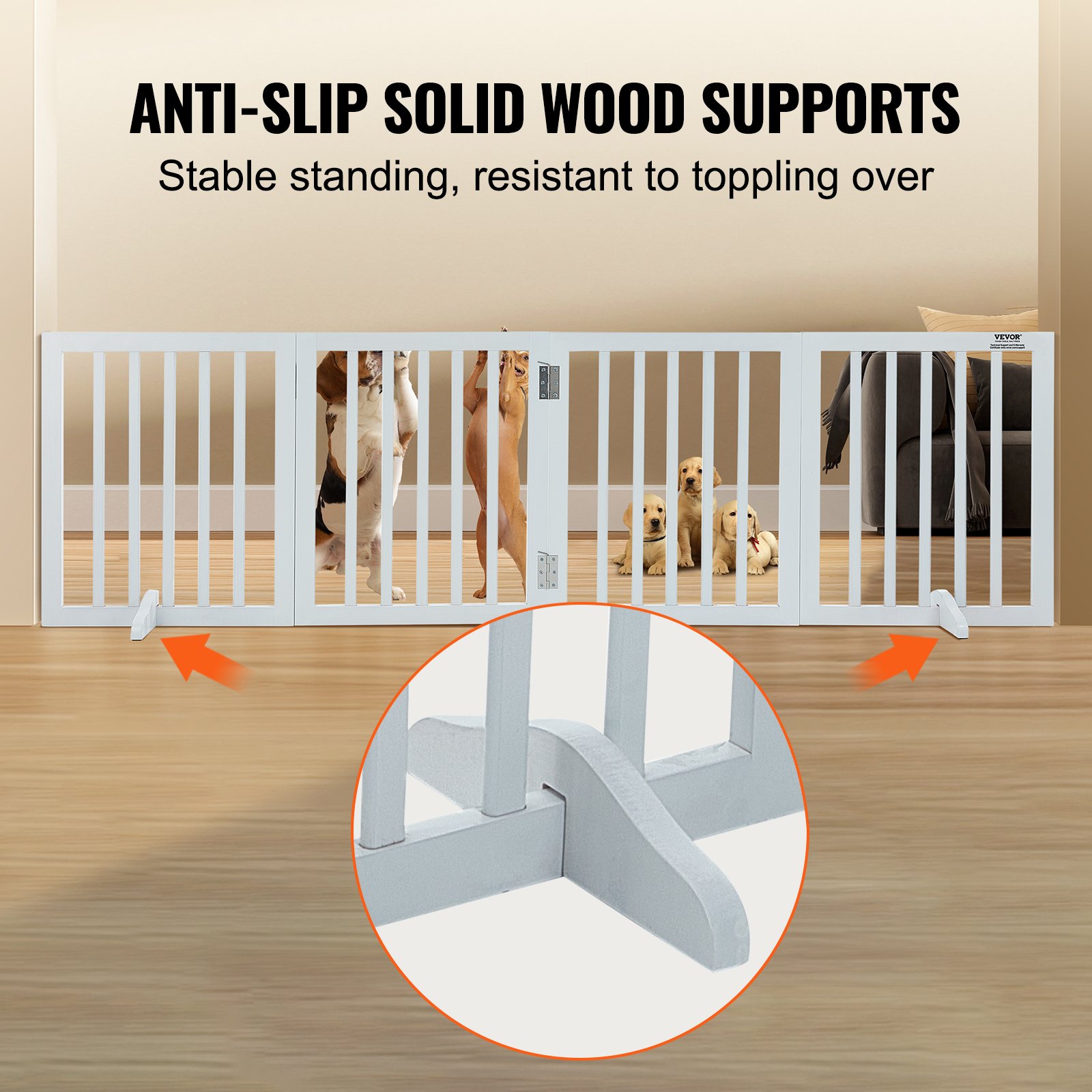 VEVOR Freestanding Pet Barrier, 24" Height x 80.3" Width, 4-Panel Folding Dog Gate for Various Openings, Expandable and Quiet Foot-Supported Indoor Dog Fence, White