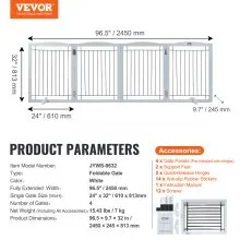 VEVOR Free Standing Dog Gate, 32" H x 96.5" W Freestanding Pet Gate, 4 Panels Foldable Dog Gate for Wide and Narrow Passageways, Expandable Dog Barrier with Silent Foot Support for Indoor, White