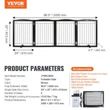 VEVOR Free Standing Dog Gate, 32" H x 96.5" W Freestanding Pet Gate, 4 Panels Foldable Dog Gate for Wide and Narrow Passageways, Expandable Dog Barrier with Silent Foot Support for Indoor, Brown