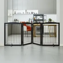 VEVOR Free Standing Dog Gate, 32" H x 96.5" W Freestanding Pet Gate, 4 Panels Foldable Dog Gate for Wide and Narrow Passageways, Expandable Dog Barrier with Silent Foot Support for Indoor, Brown
