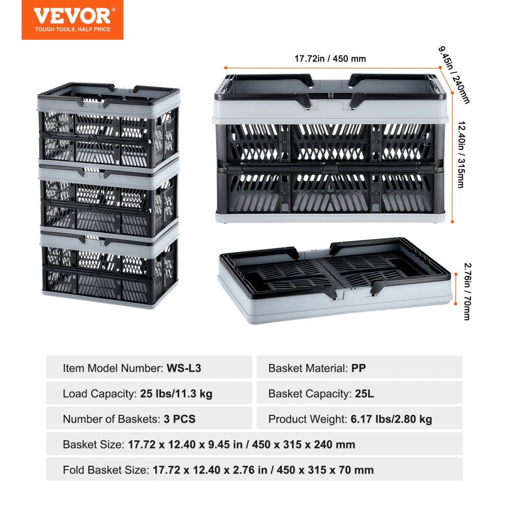 VEVOR Collapsible Shopping Basket, 3 Pack, 25L Plastic Foldable Storage Crate with Handle, Grocery Fruit Vegetable Shopping Basket Folding Storage Container for Supermarket Retail Shopping, Black