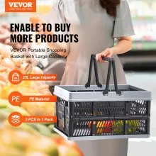 VEVOR Collapsible Shopping Basket, 3 Pack, 25L Plastic Foldable Storage Crate with Handle, Grocery Fruit Vegetable Shopping Basket Folding Storage Container for Supermarket Retail Shopping, Black