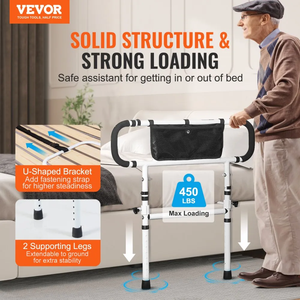 VEVOR Bed Rails for Elderly Adults, 180° Foldable Bed Assist Rails for Seniors, 204.12 kg Loading Bed Side Rails Bed Cane with 4-Level Adjustable Handle, Storage Pocket Fits King Queen Full Twin Bed