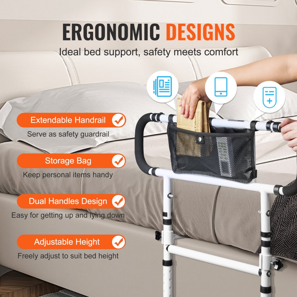 VEVOR Bed Rails for Elderly Adults, 180° Foldable Bed Assist Rails for Seniors, 204.12 kg Loading Bed Side Rails Bed Cane with 4-Level Adjustable Handle, Storage Pocket Fits King Queen Full Twin Bed