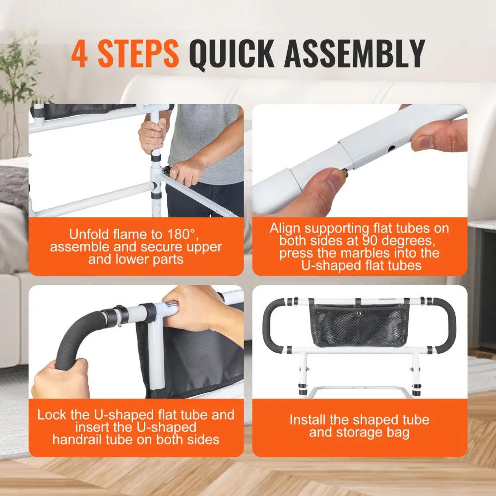 VEVOR Bed Rails for Elderly Adults, 180° Foldable Bed Assist Rails for Seniors, 204.12 kg Loading Bed Side Rails Bed Cane with 4-Level Adjustable Handle, Storage Pocket Fits King Queen Full Twin Bed