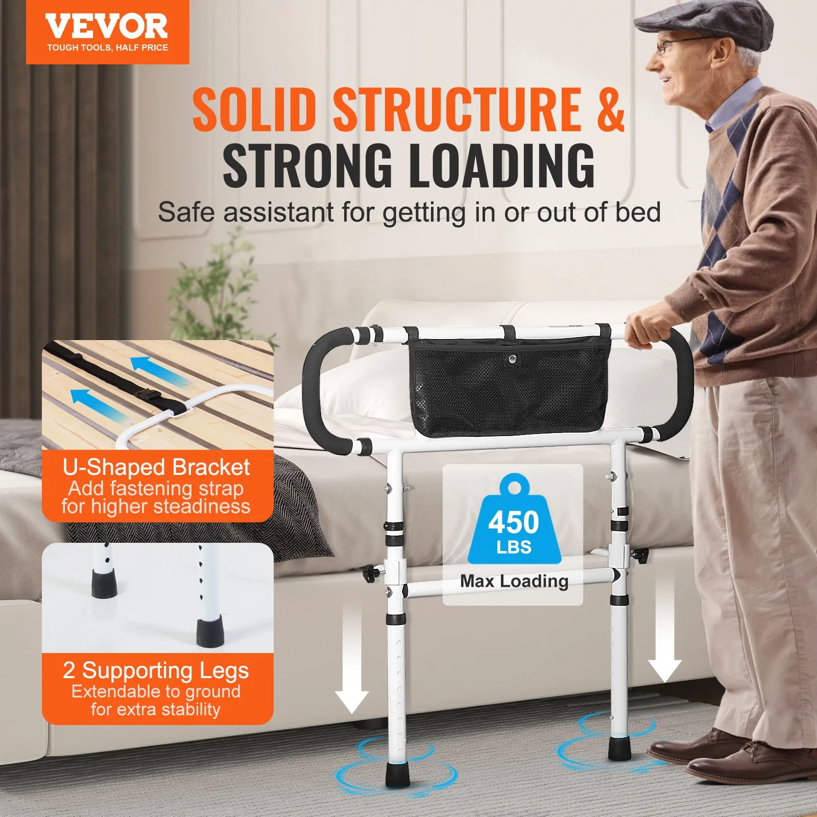 VEVOR Bed Rails for Elderly Adults, 180° Foldable Bed Assist Rails for Seniors, 204.12 kg Loading Bed Side Rails Bed Cane with 4-Level Adjustable Handle, Storage Pocket Fits King Queen Full Twin Bed