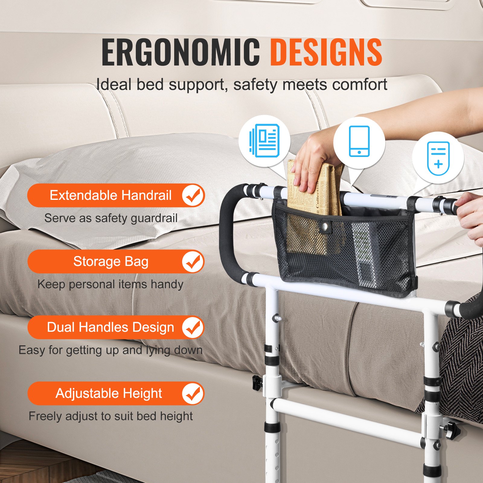 VEVOR Bed Rails for Elderly Adults, 180° Foldable Bed Assist Rails for Seniors, 204.12 kg Loading Bed Side Rails Bed Cane with 4-Level Adjustable Handle, Storage Pocket Fits King Queen Full Twin Bed