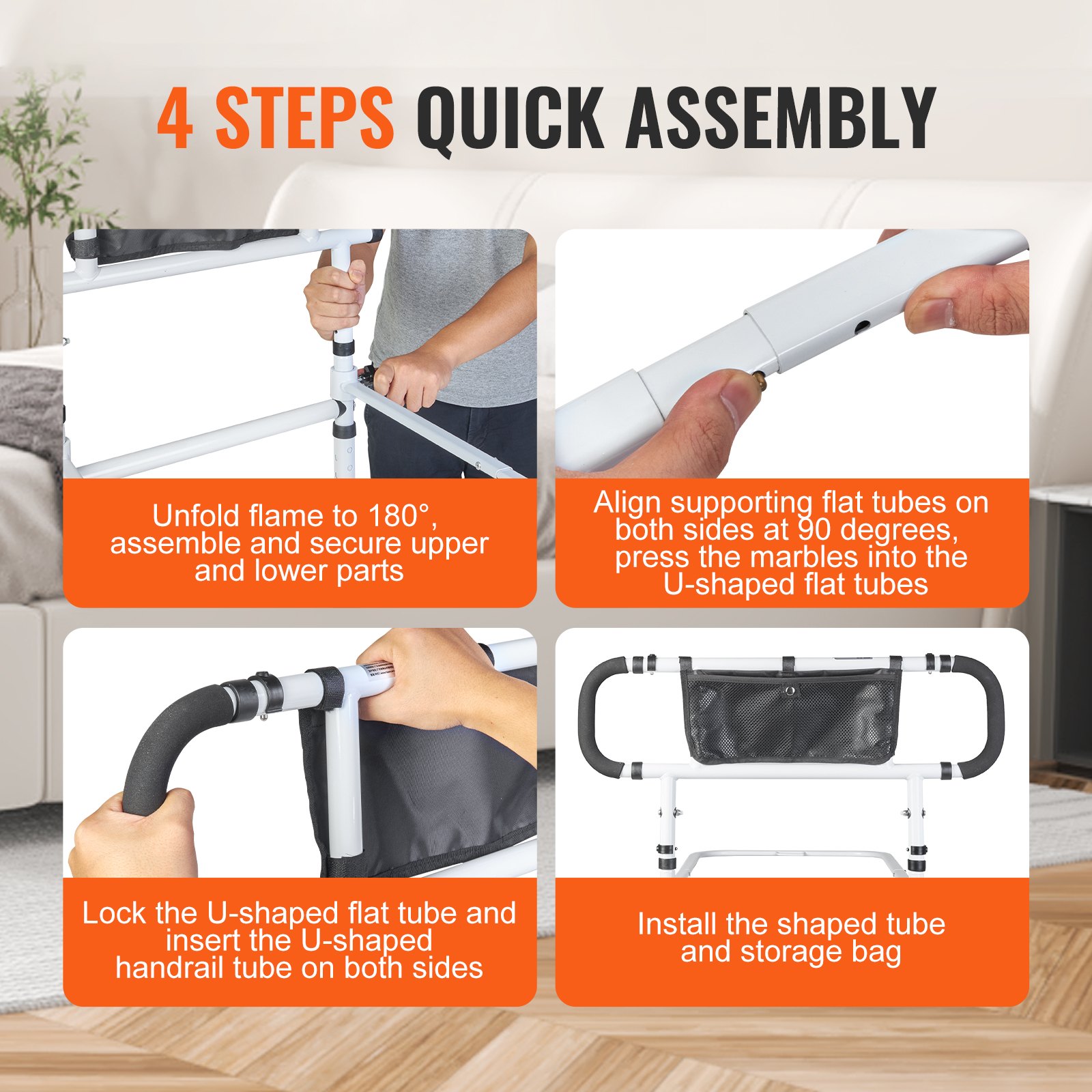 VEVOR Bed Rails for Elderly Adults, 180° Foldable Bed Assist Rails for Seniors, 204.12 kg Loading Bed Side Rails Bed Cane with 4-Level Adjustable Handle, Storage Pocket Fits King Queen Full Twin Bed
