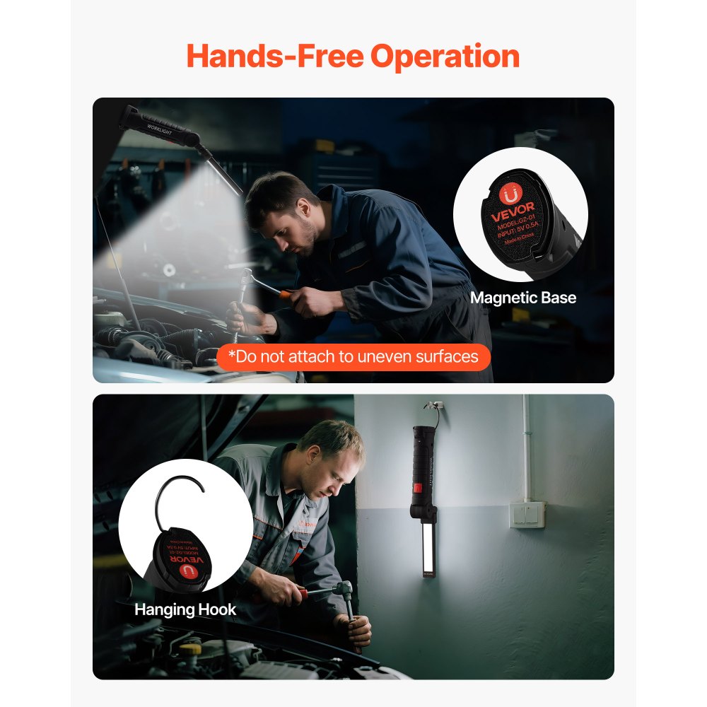 VEVOR Rechargeable LED Work Light, 1200 mAh, Magnetic Mechanic Flashlight with Magnetic Base, 360° Rotation, 5 Lighting Modes, Foldable Grill Lamp for Mechanics, Car Repairs, Home, Emergency (2 Pack)