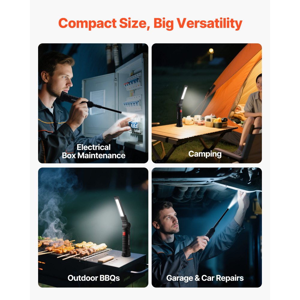 VEVOR Rechargeable LED Work Light, 1200 mAh, Magnetic Mechanic Flashlight with Magnetic Base, 360° Rotation, 5 Lighting Modes, Foldable Grill Lamp for Mechanics, Car Repairs, Home, Emergency (2 Pack)