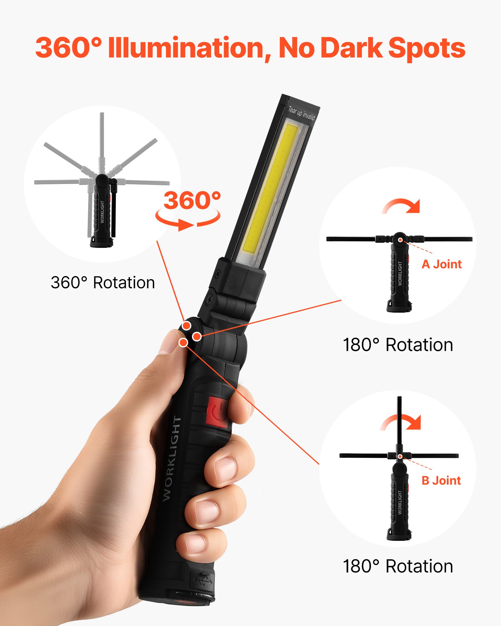 VEVOR Rechargeable LED Work Light, 1200 mAh, Magnetic Mechanic Flashlight with Magnetic Base, 360° Rotation, 5 Lighting Modes, Foldable Grill Lamp for Mechanics, Car Repairs, Home, Emergency (2 Pack)